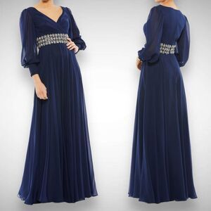 Mac Duggal Beaded Chiffon Bishop Long Sleeve Gown Dress Size 16 Navy Blue 79390‎